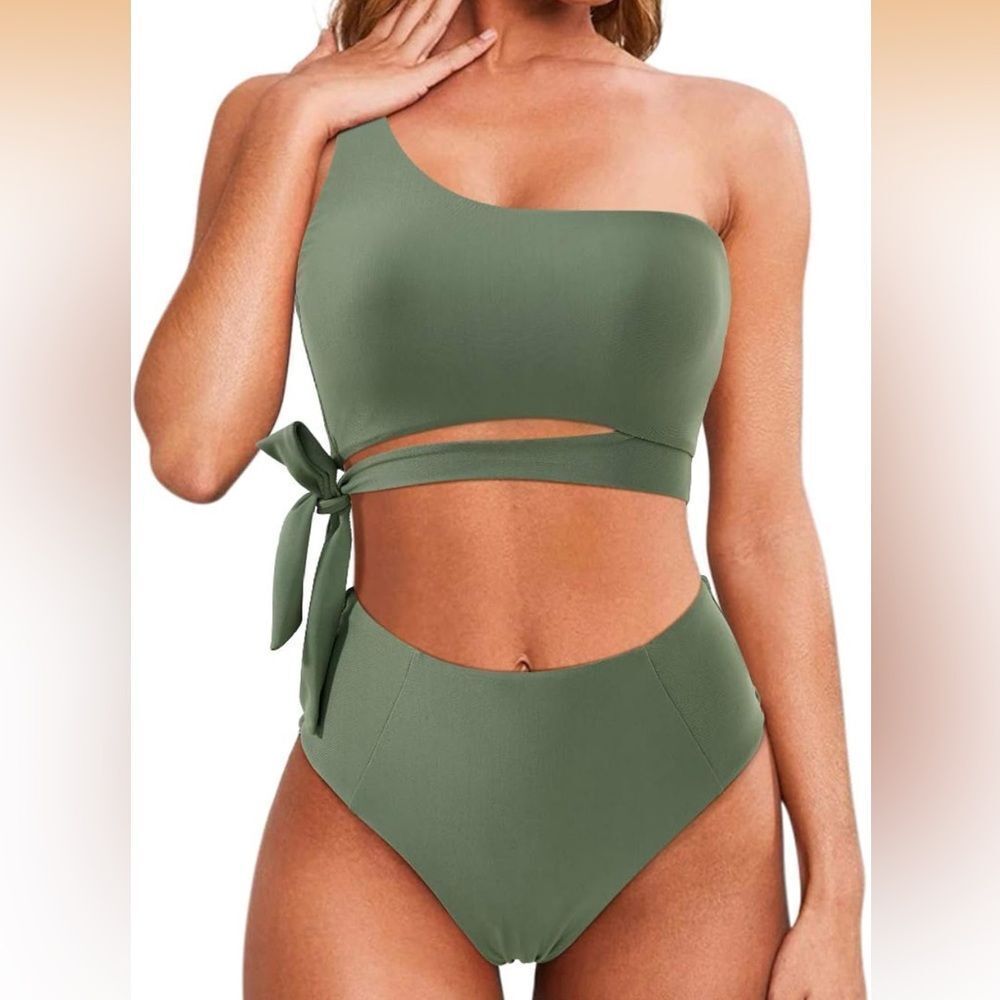 NEW One shoulder high waisted bikini in olive size Medium